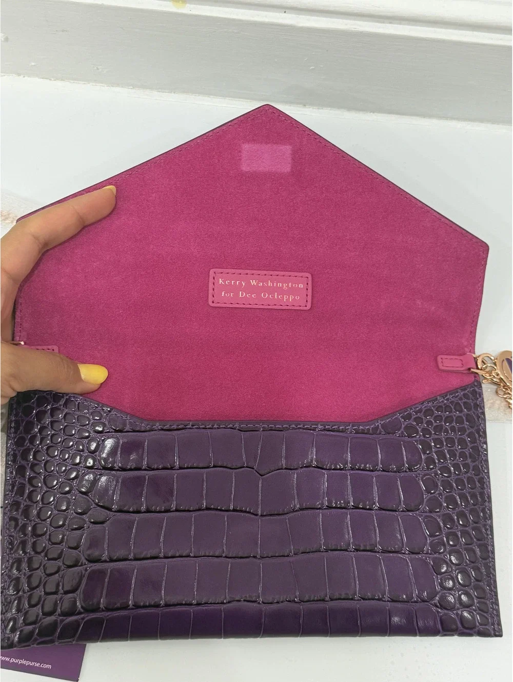 New Kerry Washington Dee Ocleppo Purple Purse Crocodile Embossed Clutch Bag NWT